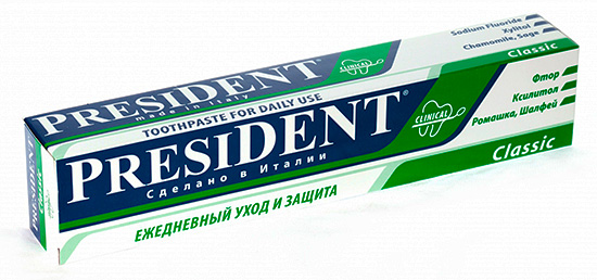 A pasta de dente President Classic é adequada para uso diário para evitar cáries.