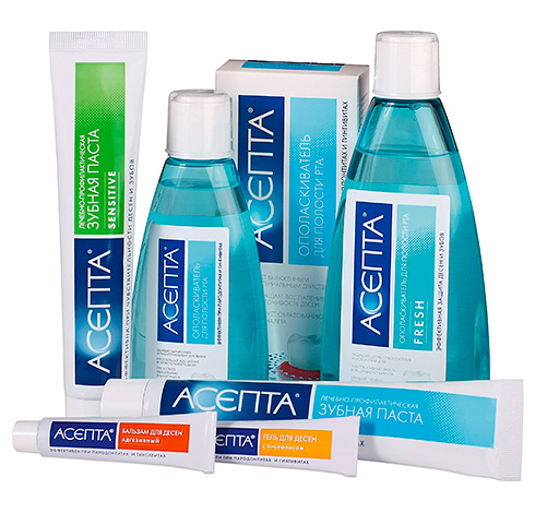 A série Asept inclui não apenas cremes dentais, mas também bálsamos para gengivas, enxaguatórios bucais, toalhetes especiais e até vitaminas.
