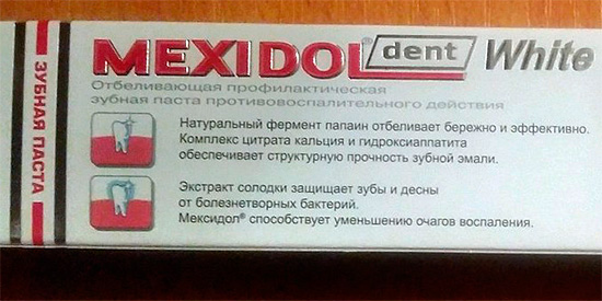 Mexidol Dent White está posicionado como um creme dental anti-inflamatório profilático de branqueamento.