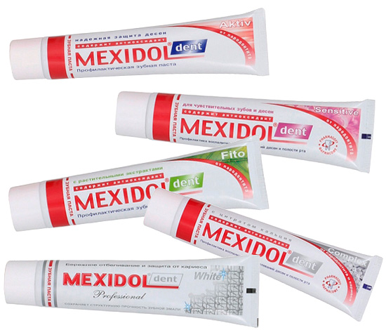 Sob a marca Mexidol Dent, cinco cremes dentais diferentes estão disponíveis.