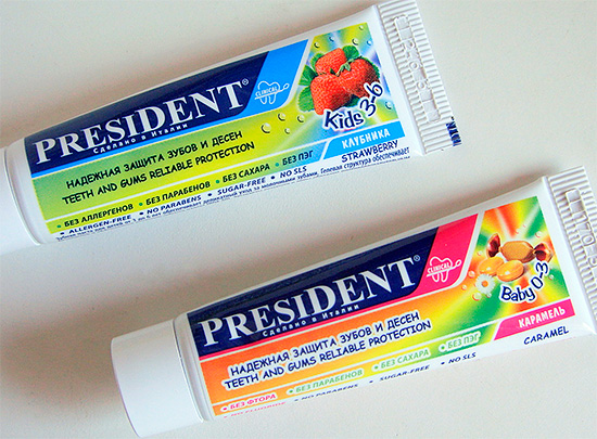 Um exemplo das pastas de dentes infantis do presidente para bebês de 0 a 3 anos e de 3 a 6 anos.