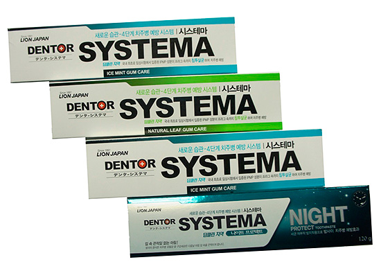 Pastas de dentes da série Dentor Systema (da Lion).