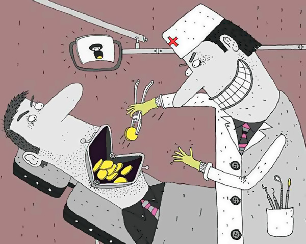 A volte la quantità che un paziente paga per l'estrazione del dente è determinata non dalla situazione clinica, ma dall'appetito del medico (o dell'intera clinica) a scopo di lucro.